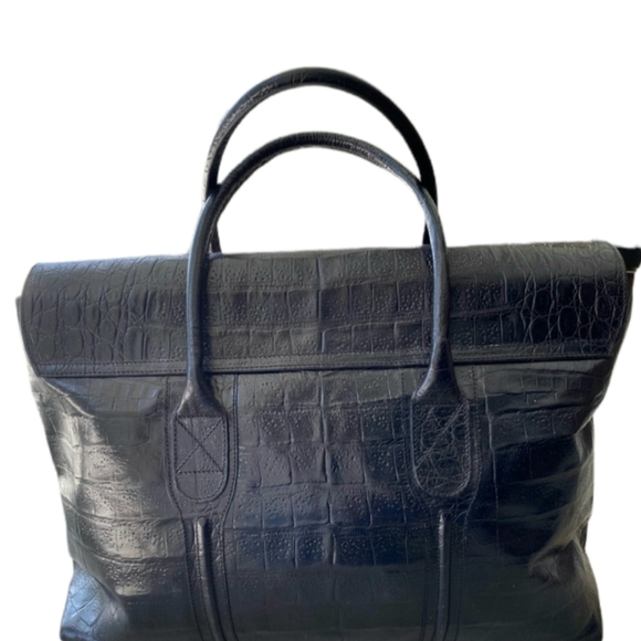 BOL-PERDIX Croc Embossed Leather Flap Front Large Satchel Black - Picture 5 of 12